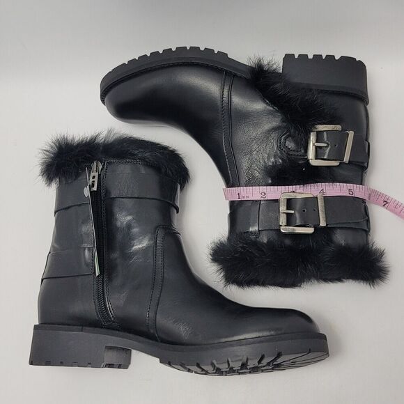 Charles David Reno Black Leather Faux Fur Buckle Side Zip Mid Ankle Boots Sz 38 - Picture 8 of 14